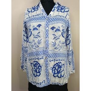 Haltson Women White Blue Floral Linen Roll Tab Sleeve Shirt Size S